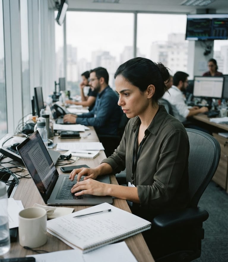 Editorial documentary photography, natural overcast light, a professional journalist writing on a laptop in a modern Brazilian newsroom, cool desaturated tones, 35mm lens