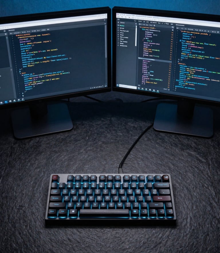 Top-down structured layout of a minimalist developer workspace with glowing mechanical keyboard and dual dark monitors showing clean code structures, cool slate tone, 35mm