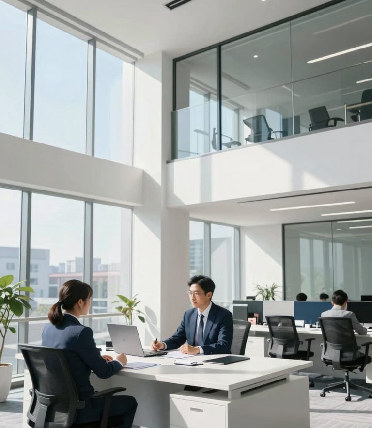 Bright modern corporate office with clean architectural lines, natural daylight, professional legal consultation setting, sharp focus, editorial style