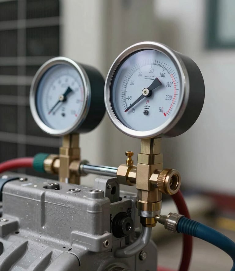A close-up of a technical manifold gauge set connected to an air conditioning unit compressor line, measuring pressure in a clean residential setting