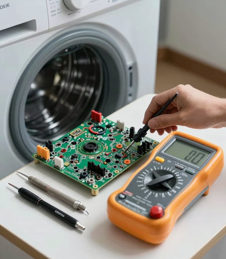 Macro shot of a high-precision digital multimeter testing a complex circuit board on a disassembled washing machine, clean tools neatly arranged on the side, bright natural daylight.