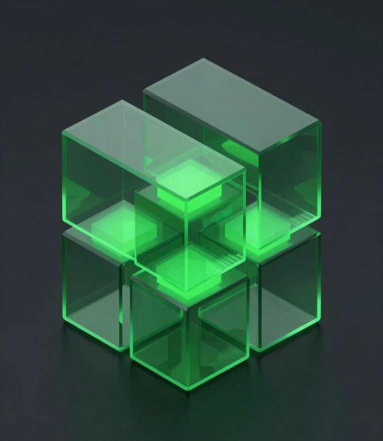 Crisp studio lighting on an abstract geometric 3D render of interconnected glass blocks, glowing emerald indicators, deep charcoal background, isometric view.