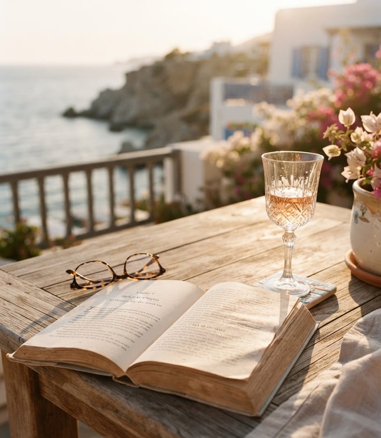 A romantic editorial portrait of an open book resting on a sun-drenched wooden table next to a glass of rose wine on a coastal veranda, warm golden-hour light, soft blush and cream tones