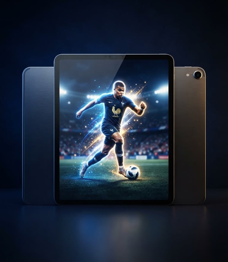 Sleek editorial sports photography, dramatic stadium rim lighting, patriotic blue and gold tones, crisp studio focus, 35mm. A high-end digital tablet mockup displaying a glowing sticker of a French football player in action, rich navy background.