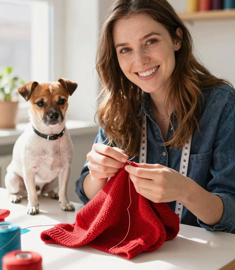 Warm editorial portrait of a happy designer in a sunlit workshop stitching a vibrant red pet sweater, a small dog sitting nearby, 35mm