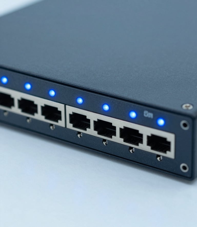 Close-up of clean network hardware with low-saturation blue indicator lights, minimalist tech aesthetic, 35mm