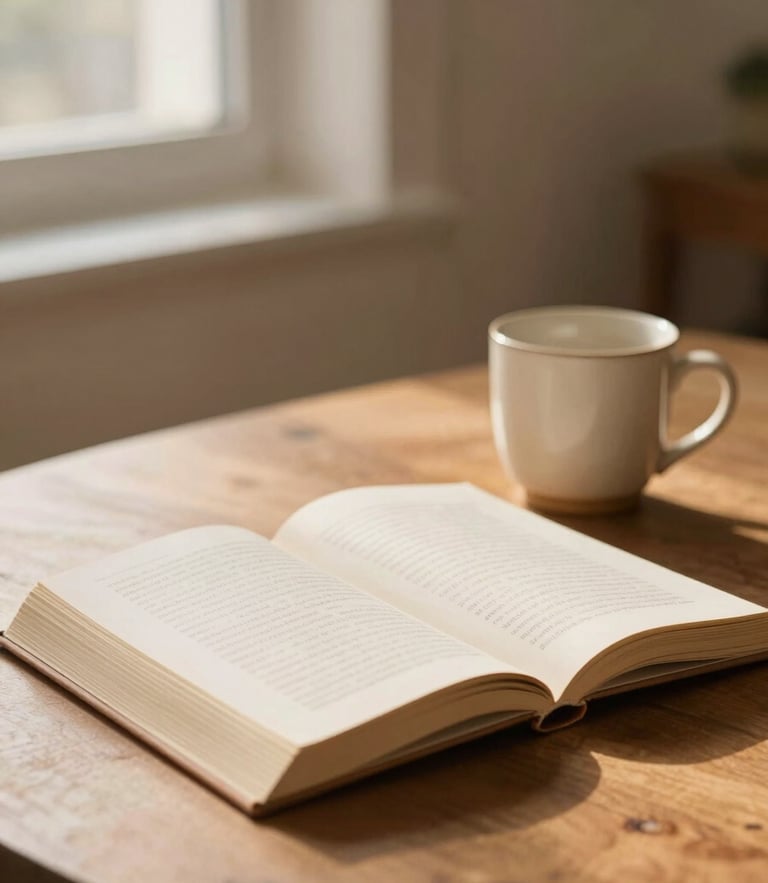 An open book resting on a warm wooden table next to a ceramic mug, soft morning window light, shallow depth of field, 35mm photography