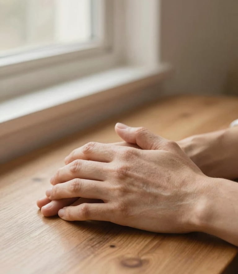 Close-up of two hands gently resting together on a warm wooden table, soft morning window light, muted terracotta and cream tones, shallow depth of field, 35mm
