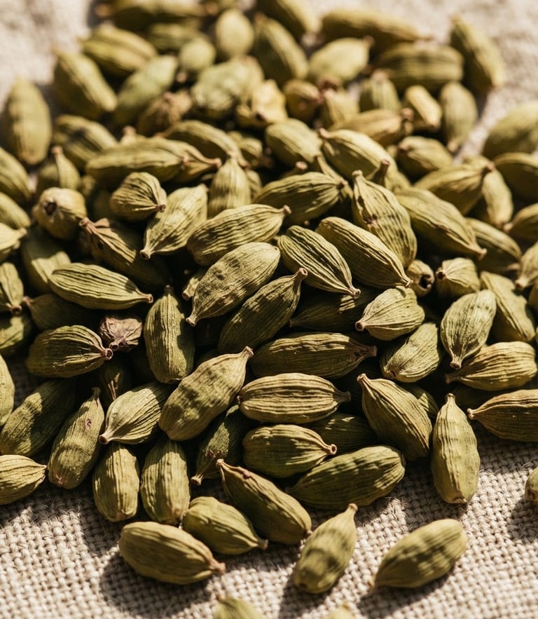 Macro close-up of raw unground green cardamom pods in a heap on raw linen, direct warm sunlight casting sharp shadows