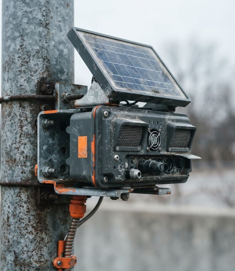 Macro close-up of a rugged solar-powered air quality sensor mounted on a steel utility pole, overcast daylight, desaturated cool tones with safety orange accents, 35mm.