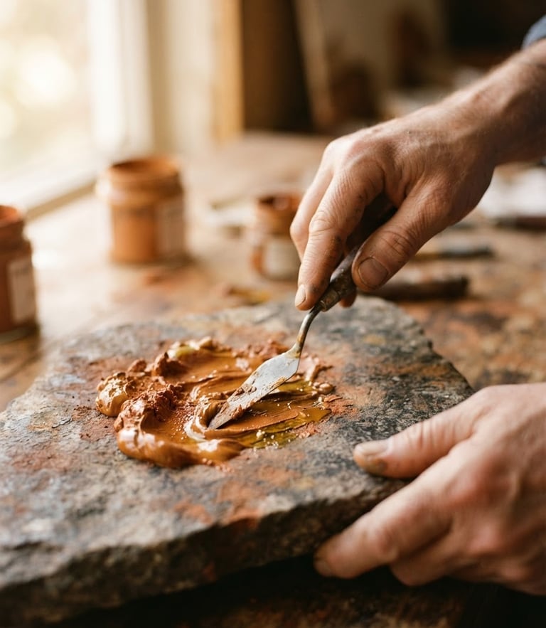 Macro shot of artist hands gently mixing raw terracotta mineral pigments with organic oil on a stone slab, soft morning window light, shallow depth of field, warm organic tones