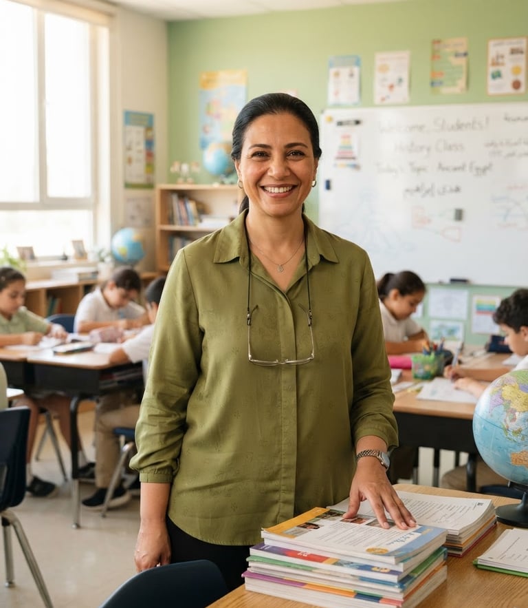 A professional editorial portrait of an Egyptian school teacher in a clean classroom, warm green tones, natural window light, 50mm lens
