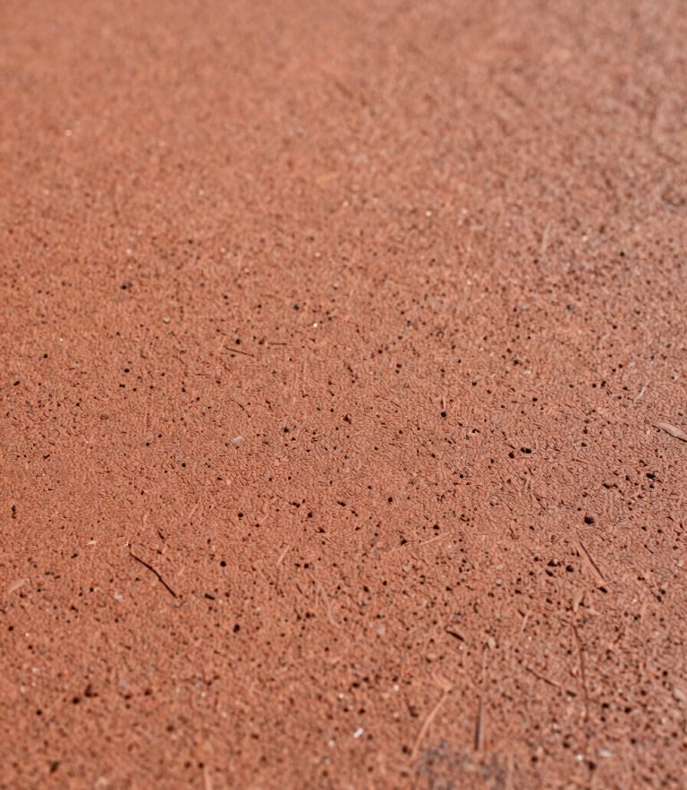 Low-angle macro shot of textured terracotta-colored SBR rubber flooring grain, natural overcast light, showing the porous and slip-resistant structural details, clean focus.