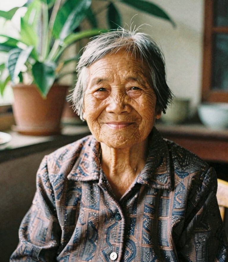 A warm portrait of an elderly Vietnamese woman smiling gently, soft golden natural daylight, indoor setting with green plants, 35mm film look