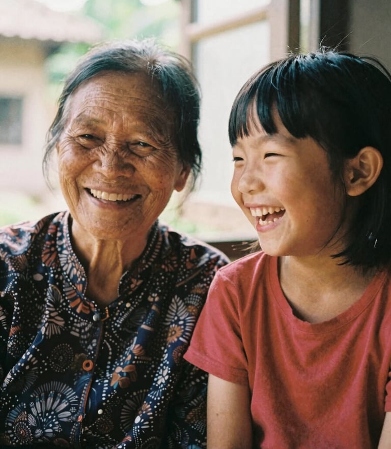 Close-up of a Vietnamese grandmother and granddaughter laughing together, warm natural daylight filtering through a window, 35mm film look