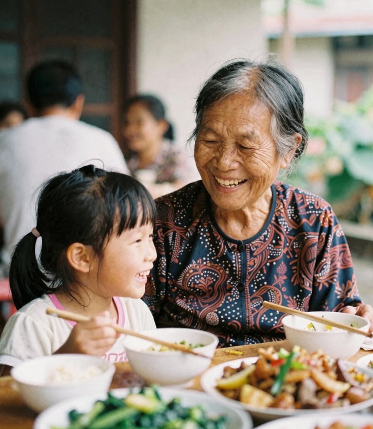 A warm, candid photograph of a Vietnamese grandmother and granddaughter laughing together over a shared meal, soft natural daylight, 35mm film look.