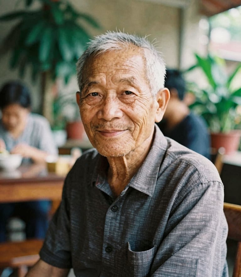 Warm candid portrait of a Vietnamese elder smiling gently in soft natural daylight, cozy indoor community center setting with green plants, 35mm film look
