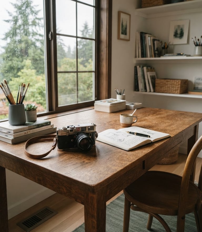 Warm editorial photography of a tidy, organized creative workspace in Kirkland, soft overcast daylight streaming through a window, evergreen tones, 35mm