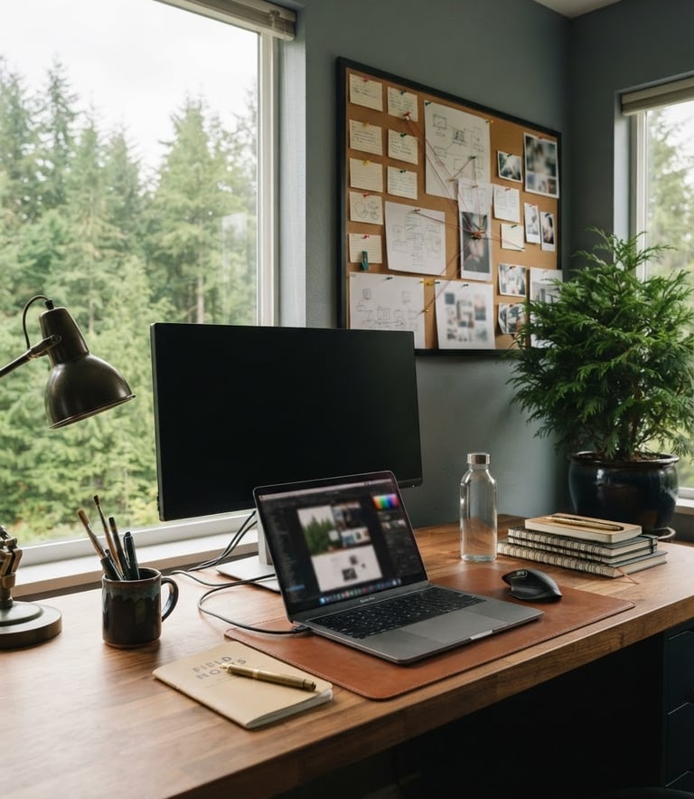 An organized Pacific Northwest creative office desk with planning boards, natural window light, evergreen plant in corner, professional and structured