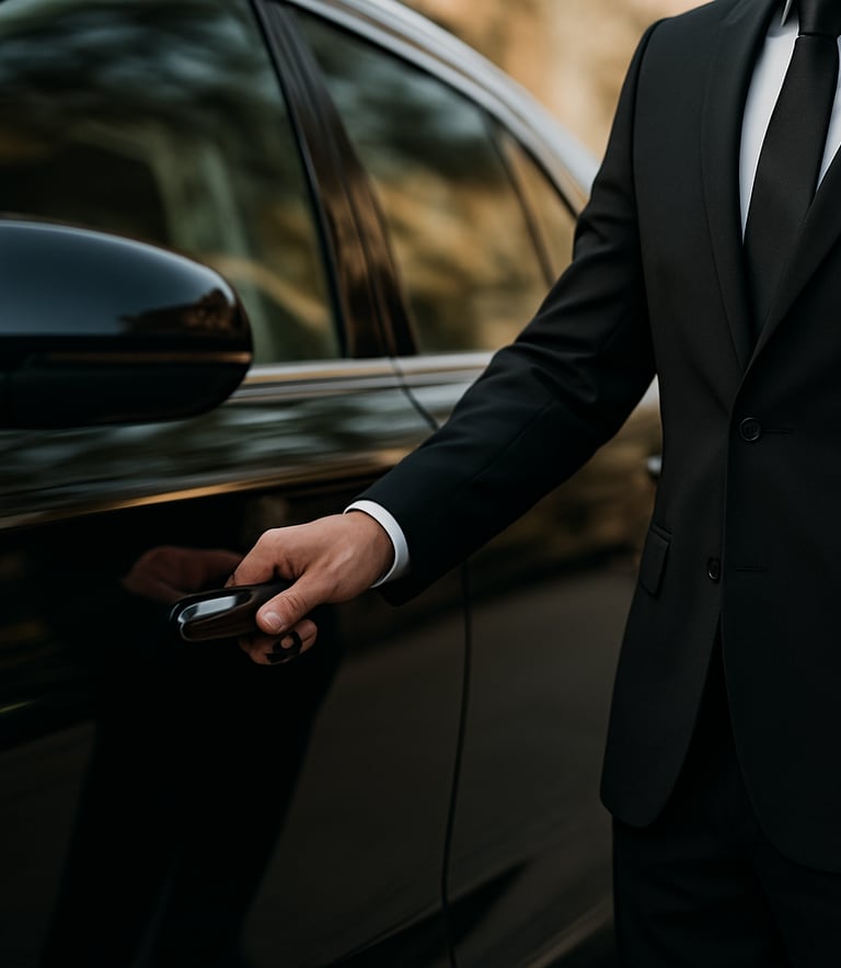 Close-up of a professional chauffeur in a sharp tailored suit opening the passenger door of a gleaming black luxury vehicle, elegant and respectful gesture.