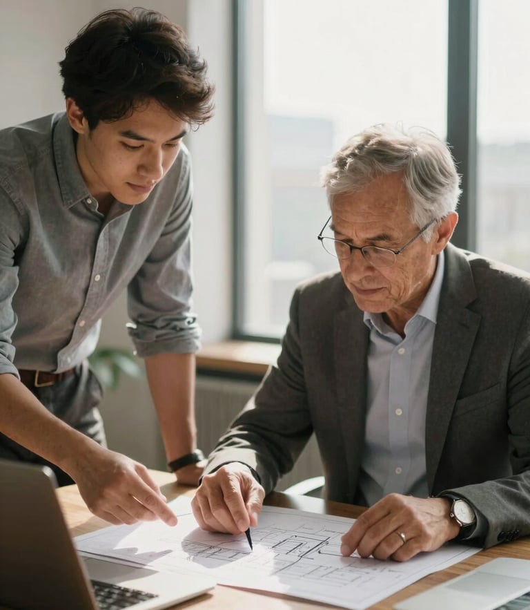 warm editorial photography, soft window daylight, muted corporate tones, shallow depth of field, 35mm. A senior founder and a younger successor reviewing blueprint documents on a wooden table in a sunlit office.