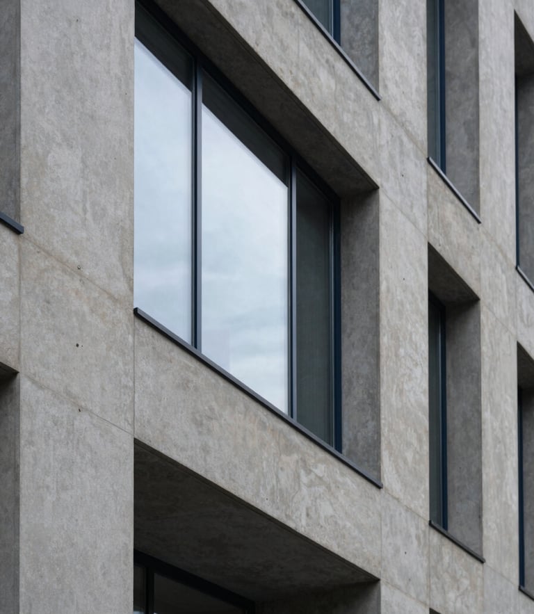 Architectural detail of a modern concrete and glass law office, soft side window light, muted navy and stone tones, sharp focus, 35mm