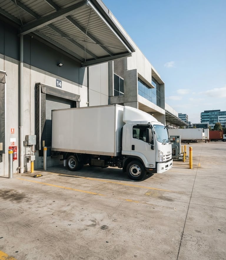 A clean white commercial pantech truck parked at a modern Melbourne logistics terminal, bright natural daylight, sharp industrial shadows, 35mm wide angle.