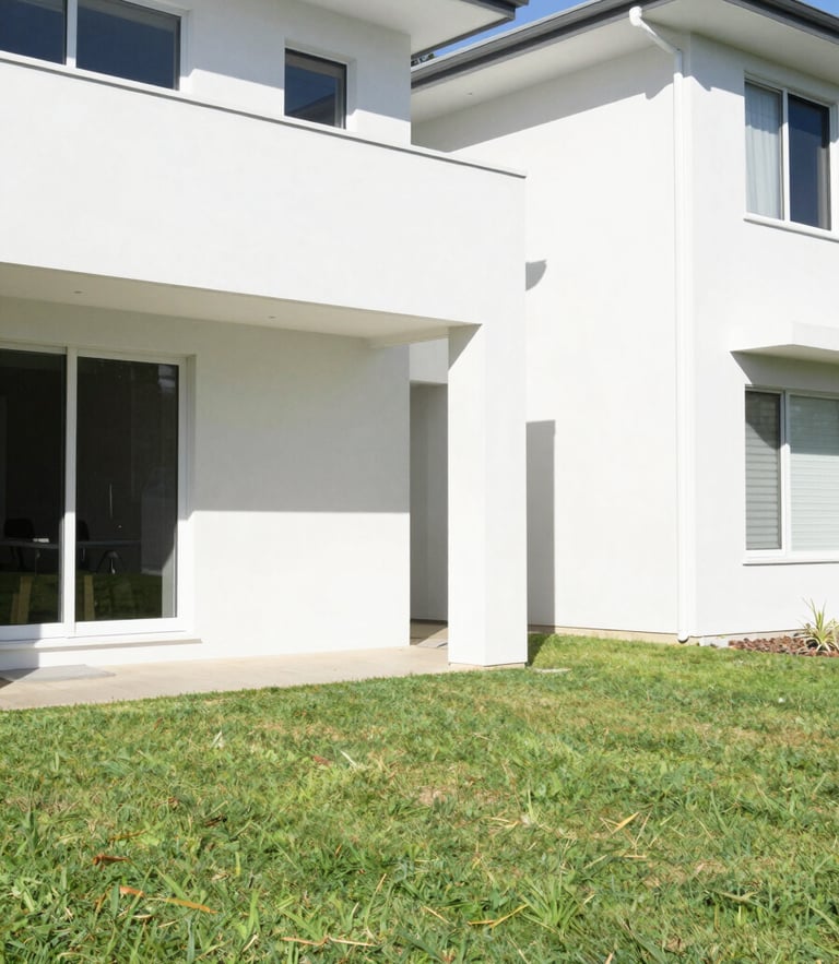 Bright natural sunlight on a modern Perth home exterior with crisp white walls and a manicured green lawn, 35mm photography