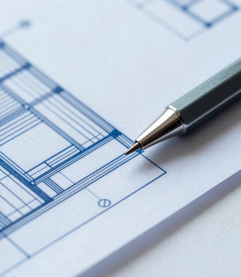 Macro close-up of a highly detailed architectural blueprint, crisp blue lines on clean white drafting paper, sharp mechanical pencil resting on the edge, cool-toned studio lighting.