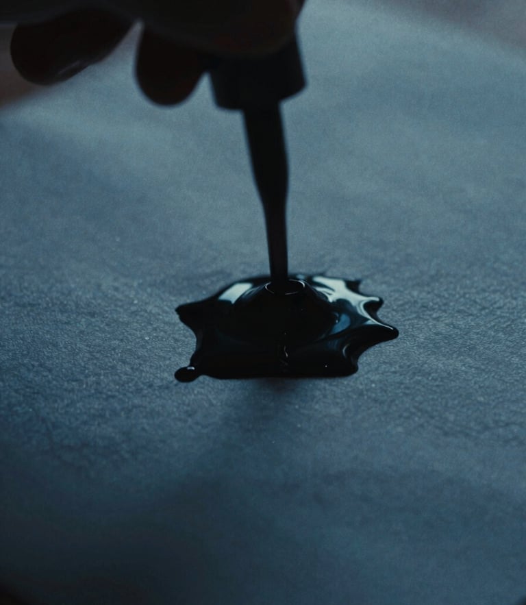 Moody close-up of ink pooling on textured paper, low-key dramatic chiaroscuro lighting, deep shadows and cool blue tones, 35mm film grain