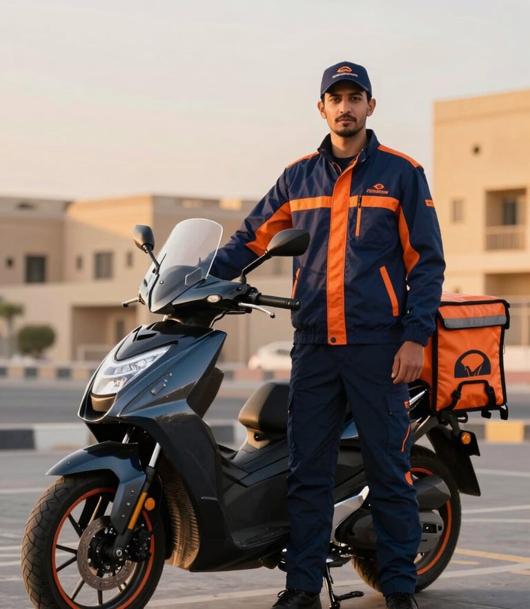 A professional Saudi delivery rider in a clean navy and orange uniform, standing proudly next to a modern delivery motorcycle in Riyadh during golden hour, sharp editorial lighting