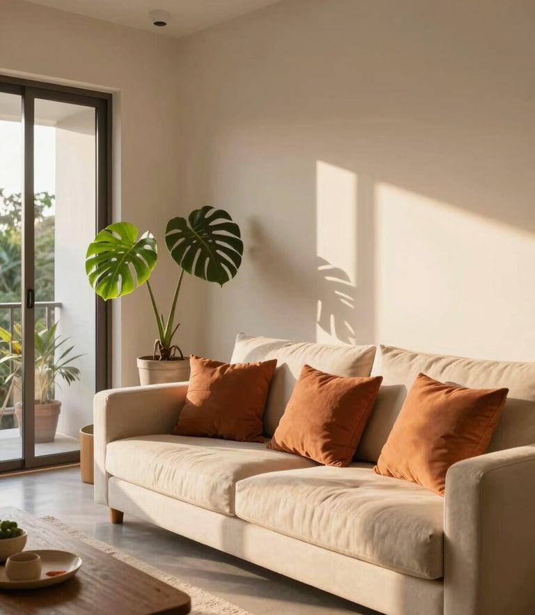 Bright golden-hour sunlight streaming into a warm modern Indonesian living room, terracotta cushions on a cream sofa, potted monstera plant, architectural eye-level wide-angle lens