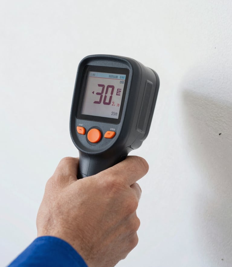Close-up of a technician's hand holding a high-tech thermal imaging camera showing active moisture levels in a wall, sharp focus, 35mm