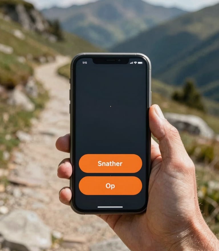 Over-the-shoulder POV of a weathered hand holding a rugged phone on a sunny mountain trail, displaying a simplified interface with huge orange buttons and crisp white text.