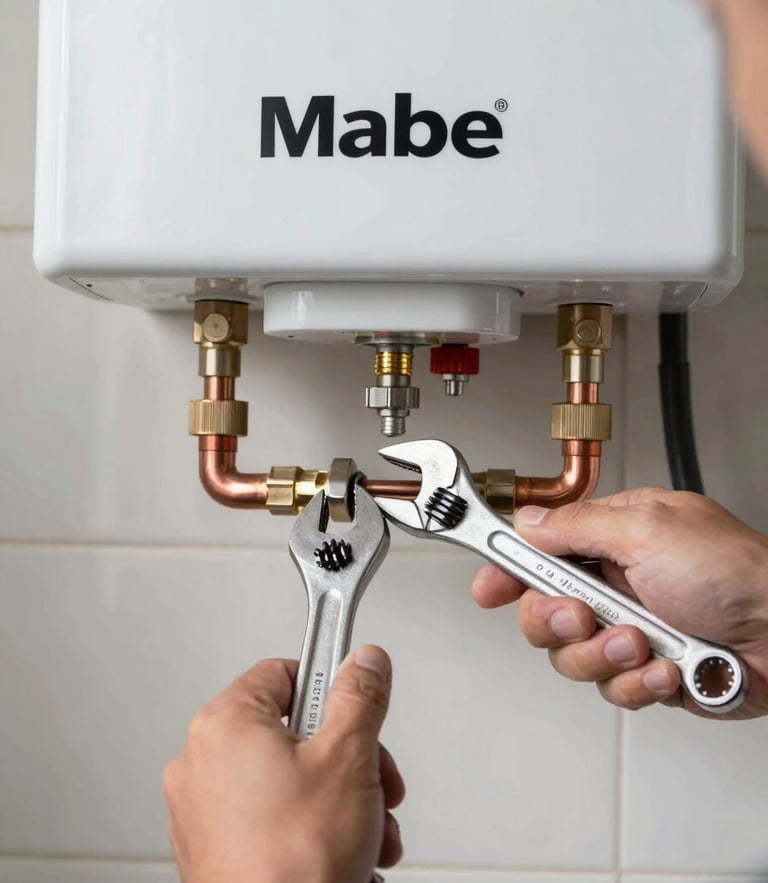 Close-up of a certified technician's hands using a professional wrench to secure a copper gas pipe connection on a modern Mabe water heater, bright natural utility lighting.