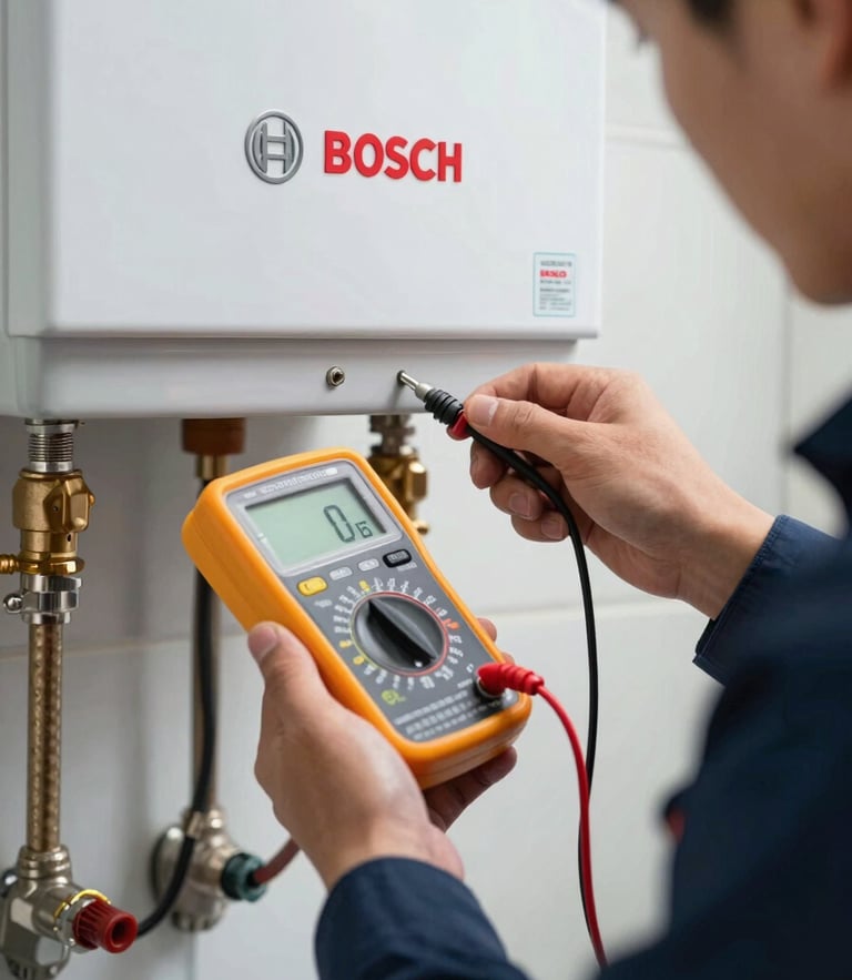 Close-up of a technician in a dark blue uniform using a precise digital multimeter to test the electronic ignition system of a Bosch gas water heater.