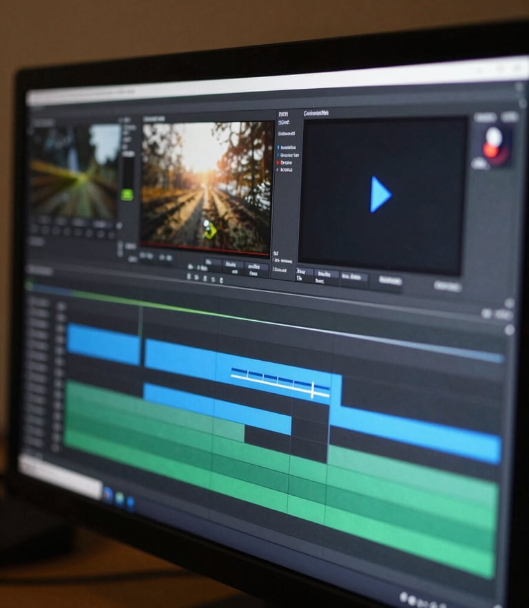 Macro close-up of a professional video editing timeline on a high-end monitor, showing clean audio and video tracks with an electric blue playhead indicator, moody low-key studio lighting with a subtle amber backlight.