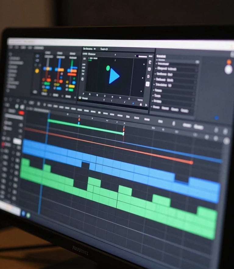 Extreme close-up of a high-end video editing monitor displaying a complex multi-track timeline, glowing blue playhead marker, dark studio environment, shallow depth of field.