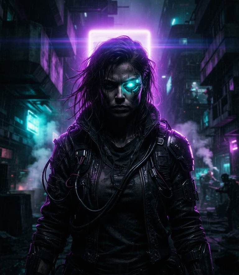 Dramatic shadow-drenched portrait of a dystopian alternative hero, high-contrast neon purple backlighting, cybernetic glowing eye, dark sci-fi brutalism style, anamorphic lens flare