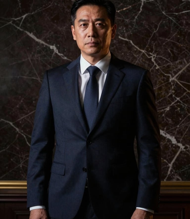 Dramatic low-key portrait of an elite criminal defense attorney in a dark navy suit, sharp chiaroscuro lighting, deep shadows, marble background, high authority.