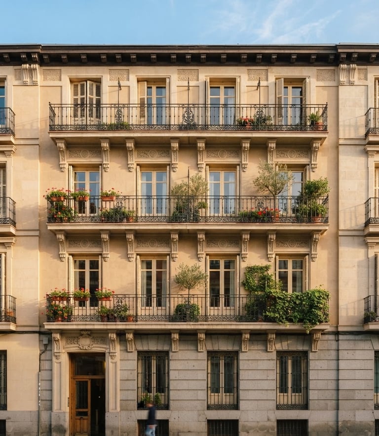 Medium architectural shot of a sunlit Madrid residential facade with elegant balconies, soft morning light, warm sand-beige tones, 35mm
