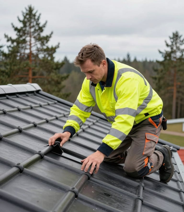 A professional Latvian roofing technician wearing clean high-visibility safety gear inspecting standing seam metal roof tiles under bright overcast Baltic daylight, pine trees in background, clean composition.