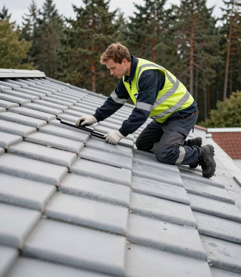 A professional technician in clean, branded safety gear working on a pristine tile roof in Jūrmala, bright overcast Baltic daylight, portrait framing showing the clean parallel lines of the tiles and pine forest in the background.
