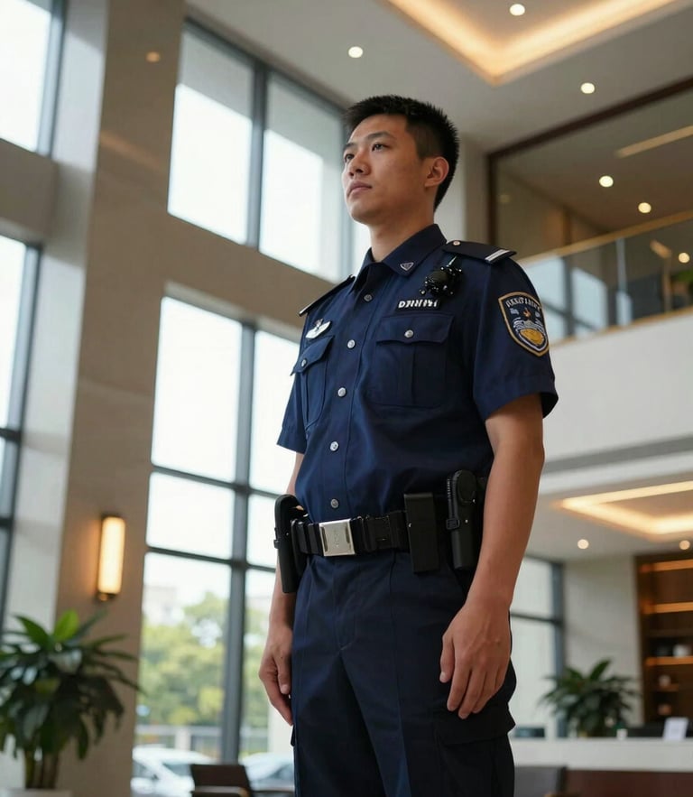 A professional uniformed security officer standing at attention in a modern corporate lobby, sharp focus, dramatic low-angle, cool daylight with warm amber accents.