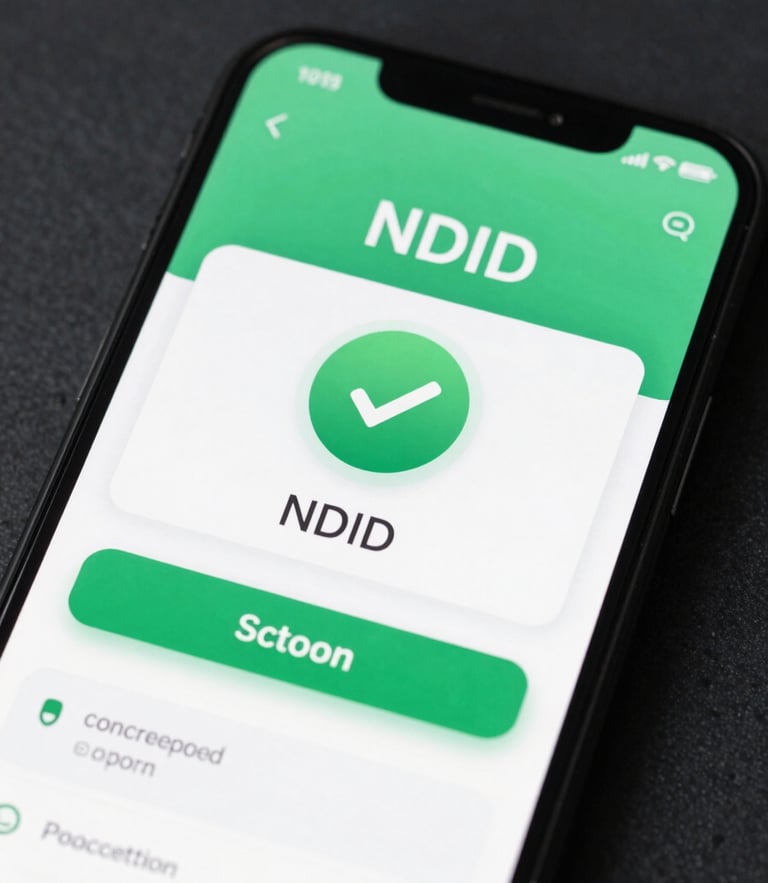 Close-up high-fidelity UI mockup of a mobile screen showing a successful NDID verification badge, crisp green checkmark, and encrypted token data fields, cool studio lighting, dark background.