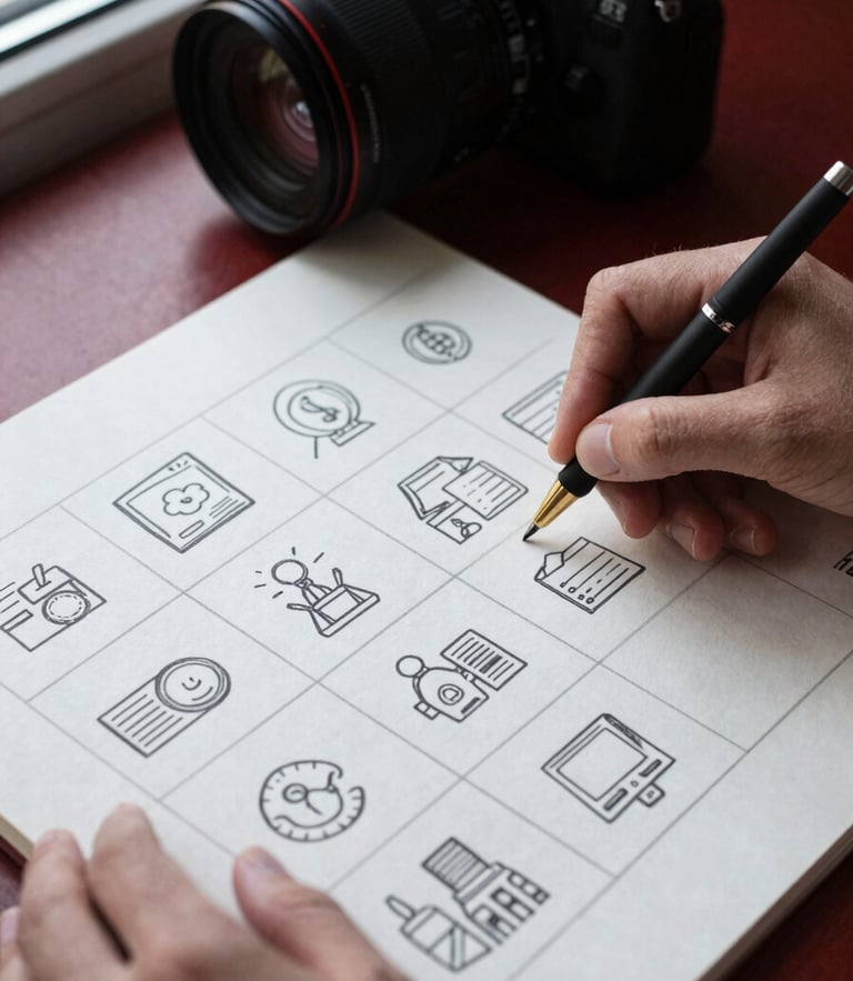 Hands of a digital marketer sketching a social media content grid on parchment paper next to a camera lens, soft natural lighting, matte texture, 35mm