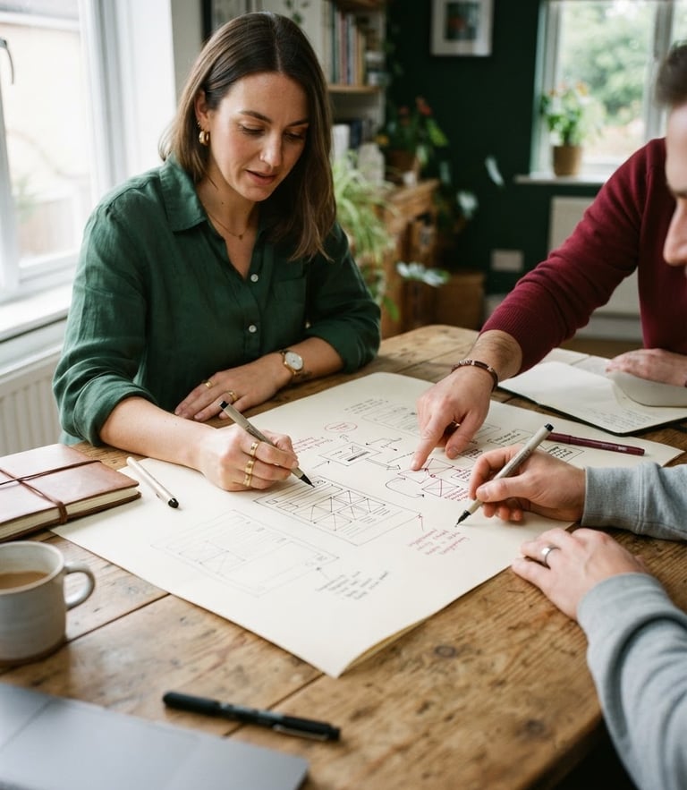 Collaborative strategy session at a wooden table, hands sketching social media grids, soft natural window light, deep forest green and crimson tones, matte texture, 35mm photography