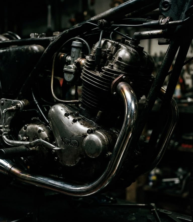 Dramatic low-key lighting close-up of a pristine motorcycle engine block and chrome exhaust pipes, high contrast, dark metallic textures, 35mm lens