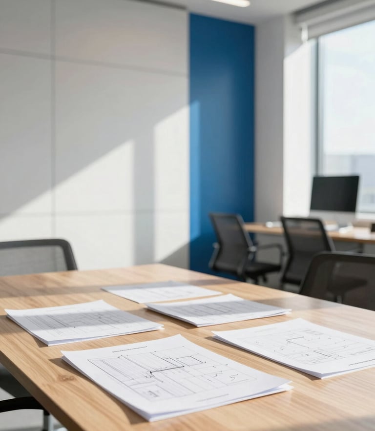 A sunlit modern office interior with clean architectural lines, natural daylight pouring over a collaborative wooden table with planning documents, sharp focus, 35mm