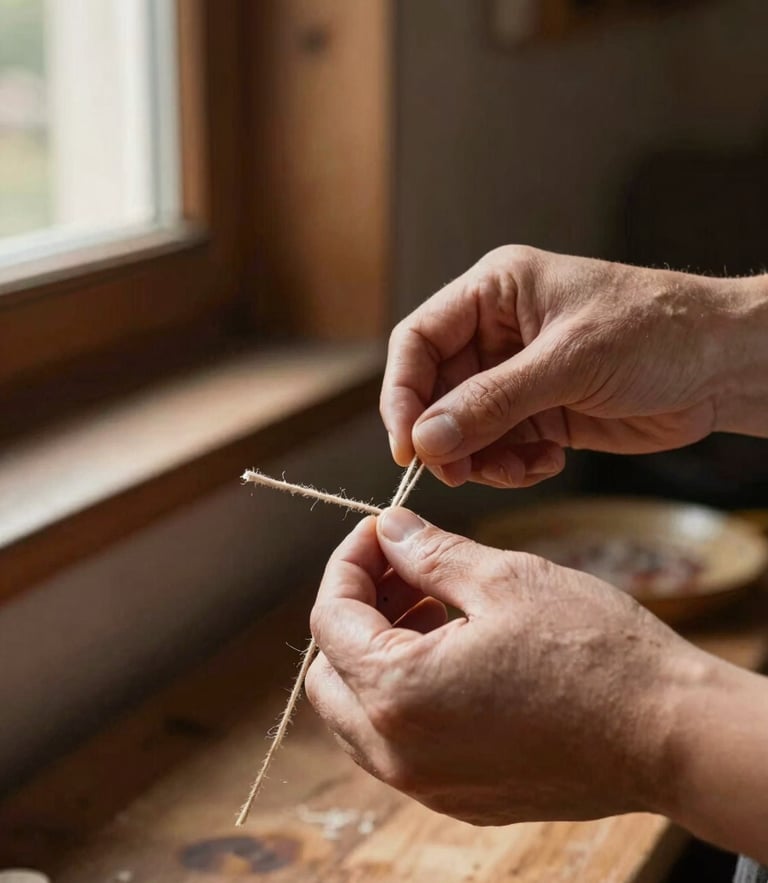 Close-up of artisanal hands tying a traditional terrine with kitchen twine, warm side window lighting, rustic wooden workshop background, 35mm photography